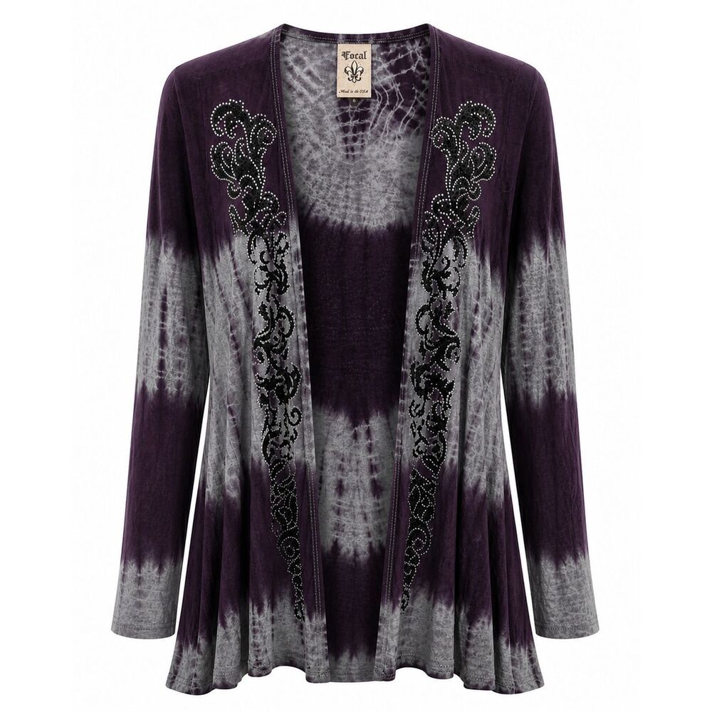 Vocal Purple Tie Dye Cardigan Womens S Rhinestone Embellished Open Front Rayon